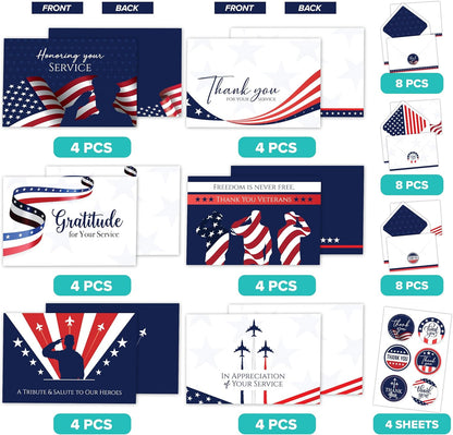24 Pack 6x4in Veteran Thank You Cards with Envelopes and Stickers 6 Patriotic Designs Thank You for Your Service Cards