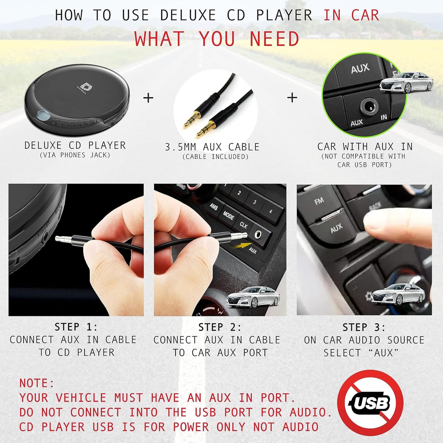 Portable with 60 Second Anti Skip Stereo Earbuds Includes Aux in Cable and AC USB Power Cable