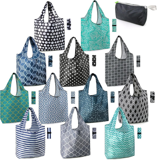 Grocery Bags Lightweight Durable Shopping Bags Washable Foldable 12 Pack Xlarge Classic Geometric Design