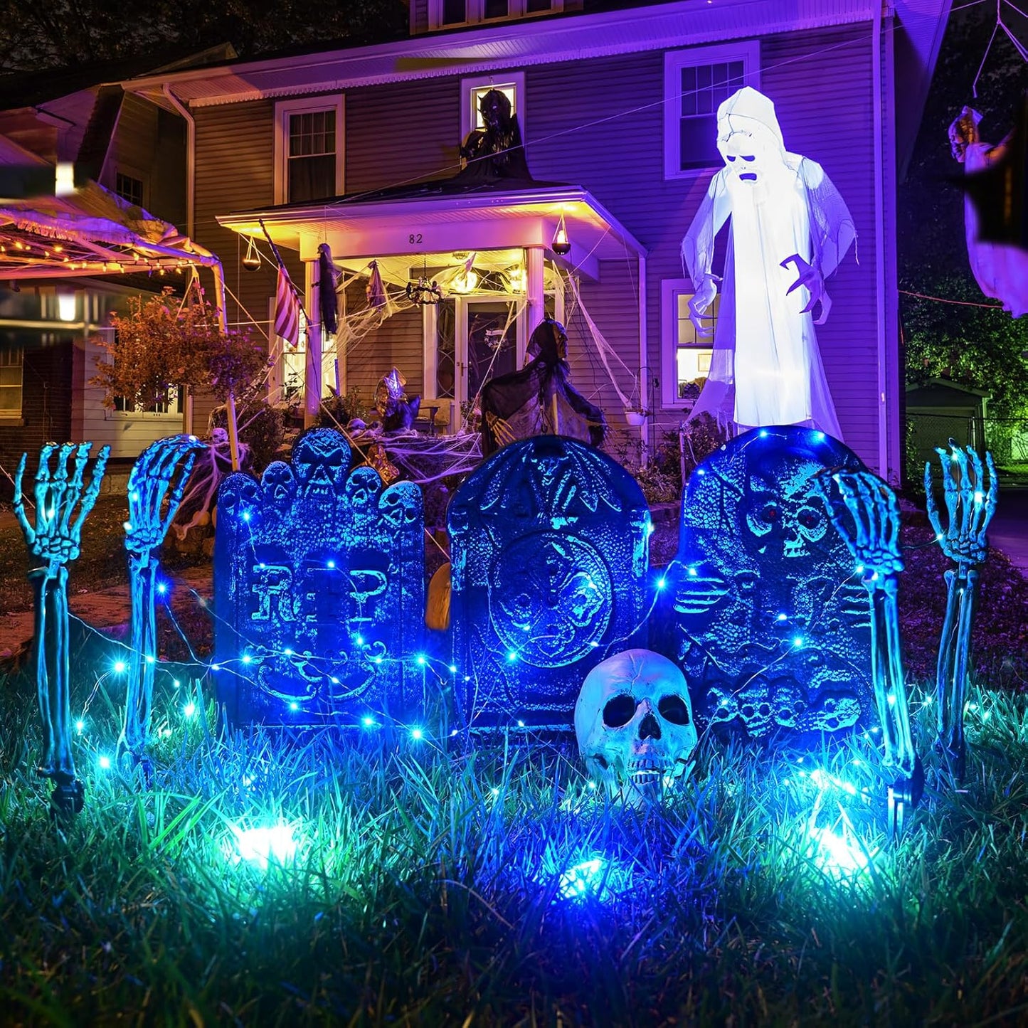 Skeleton Skull Set 1 Skull & 2 Skull Hands with 5 m Fairy Lights & Remote Control (8 Modes & Timer)