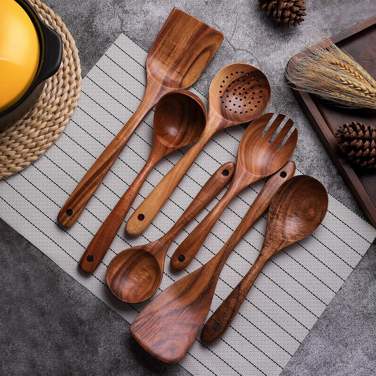 Kitchen Pan Toolset 7 Pieces Set 100% Natural Teak Kitchen Utensils Spatula Wooden Cooking Utensils
