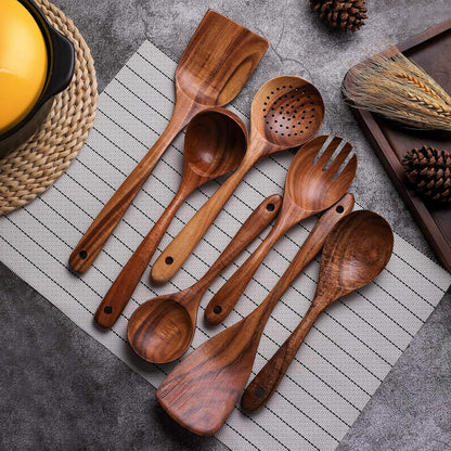 Kitchen Pan Toolset 7 Pieces Set 100% Natural Teak Kitchen Utensils Spatula Wooden Cooking Utensils