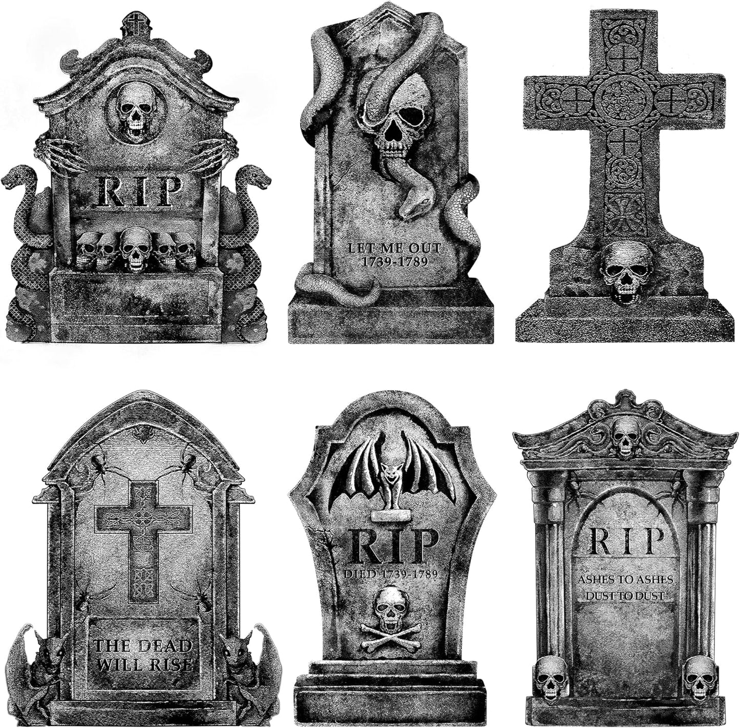 6ct Large Tombstone Halloween Yard Signs with Stakes 16" Realistic Scary Skeleton RIP Gravestones Lawn Cemetery