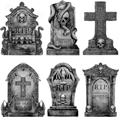 6ct Large Tombstone Halloween Yard Signs with Stakes 16" Realistic Scary Skeleton RIP Gravestones Lawn Cemetery