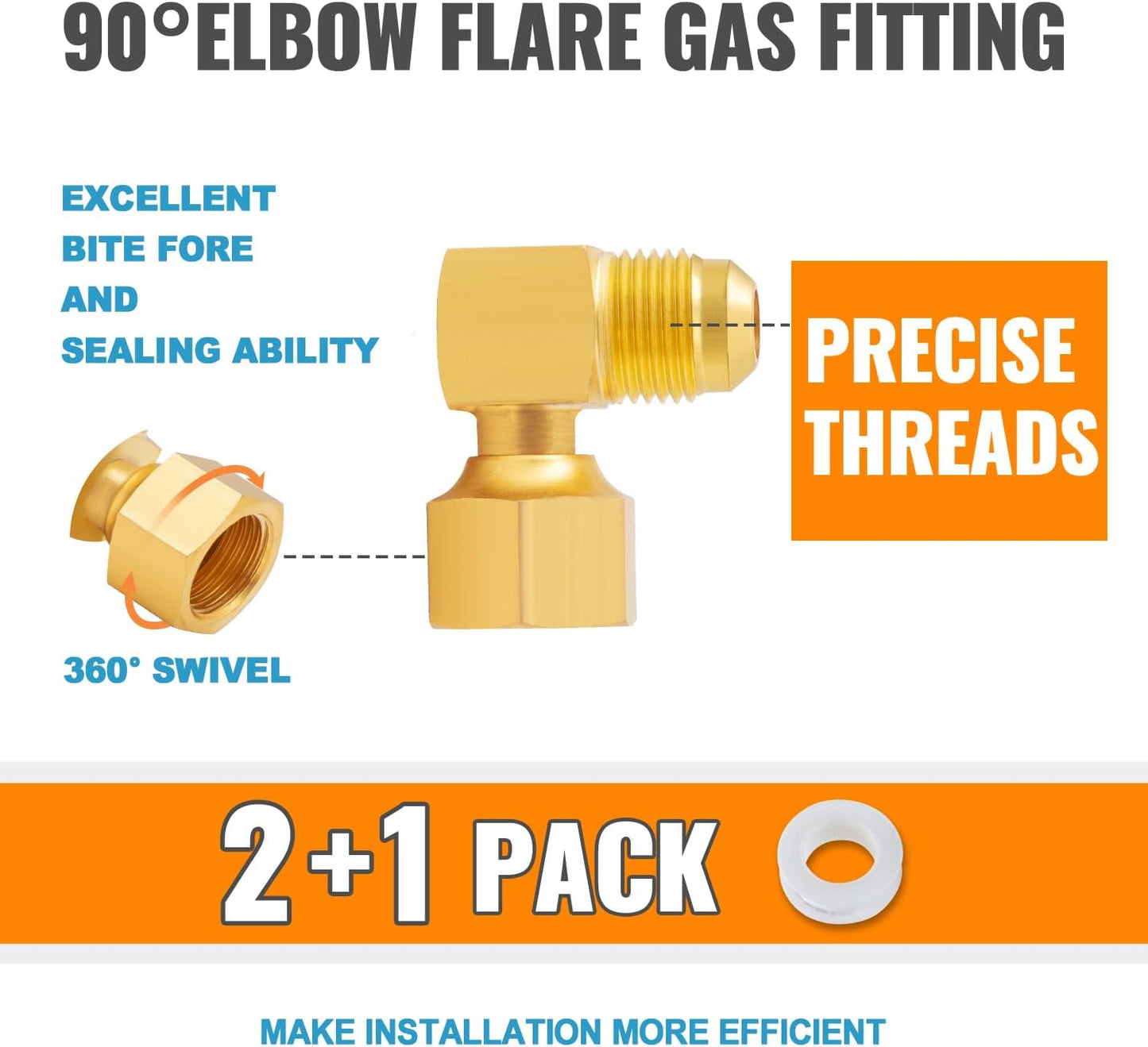 3/8" Brass 90° Elbow Flare Fittings – Female Swivel x Male Flare Adapter for Propane & Low Pressure Gas Heaters (2-Pack)