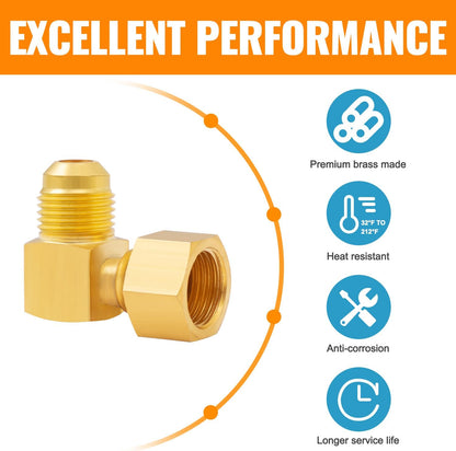 3/8" Brass 90° Elbow Flare Fittings – Female Swivel x Male Flare Adapter for Propane & Low Pressure Gas Heaters (2-Pack)